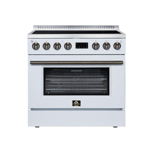 FORNO Torino 36-Inch 5.36 cu. ft. Induction Range, True Convection, Air Sous Vide, Air Fry Basket in White with Antique Brass Accents, FFSIN0936-36WHT