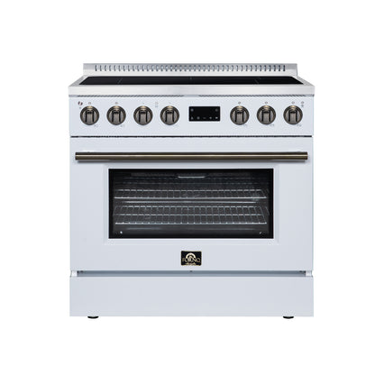 FORNO Torino 36-Inch 5.36 cu. ft. Induction Freestanding Range, True Convection, Air Fry Basket in White with Antique Brass Accents, FFSIN0936-36WHT
