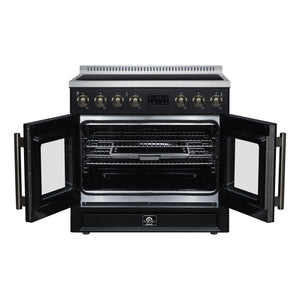 FORNO Torino 36" 5.36 cu. ft. French Door Induction Range with True Convection, Air Fry and Sous Vide in Black 240V, FFSIN0950-36BLK