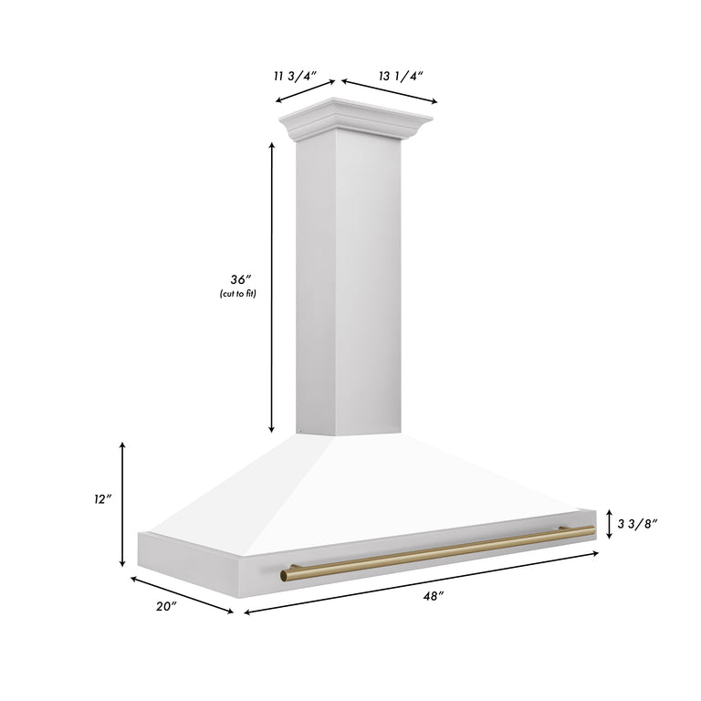 ZLINE 48" Autograph Edition Range Hood in Stainless Steel with White Matte Shell and Champagne Bronze Handle, KB4STZ-WM48-CB