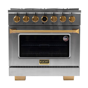 Kucht 36" 5.2 cu. ft. 6 Burner Propane Gas Dual Fuel Range in Stainless Steel with Gold Accents and Digital Thermostat