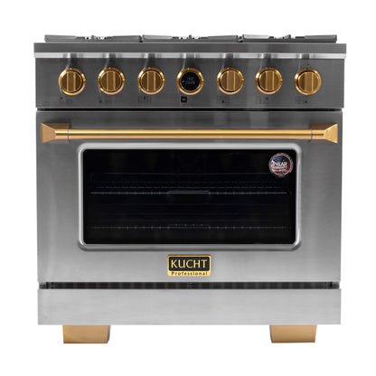 Kucht 36" 5.2 cu. ft. 6 Burner Propane Gas Dual Fuel Range in Stainless Steel with Gold Accents and Digital Thermostat