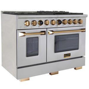 Kucht 48" 6.7 cu. ft. 8 Burner Natural Gas Dual Fuel Range in Stainless Steel with Gold Accents and Digital Thermostat