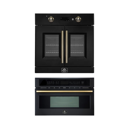 FORNO Appliance Package - 30" Single Wall Oven, 30" Microwave Oven in Black with Brass Accents, FBDL-025-03CAUS