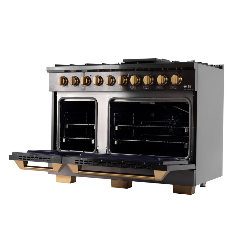 Kucht Gemstone Professional 48" 6.7 cu. ft. Propane Gas Range in Titanium Stainless Steel with Gold Accents, KEG483/LP