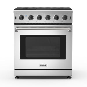 THOR Kitchen Package - 30" Natural Gas Range, Wall Mount Range Hood, Dishwasher, 36" French Door Refrigerator with Ice Maker, AP-LRG3001U-TRH3035-4R