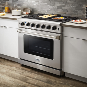 THOR Kitchen Package - 36" Gas Range, Range Hood, Refrigerator, Dishwasher, Wine Cooler, AP-LRG3601U-4