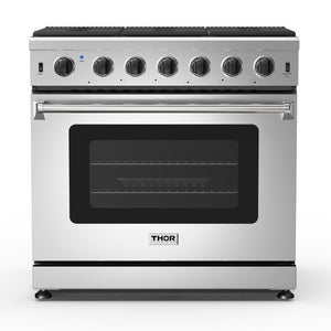 THOR Kitchen Package - 36" Natural Gas Range, Wall Mount Range Hood, 36" French Door Refrigerator with Ice Maker & Water Dispenser, Dishwasher, 24" Microwave Drawer, AP-LRG3601U-FD-5