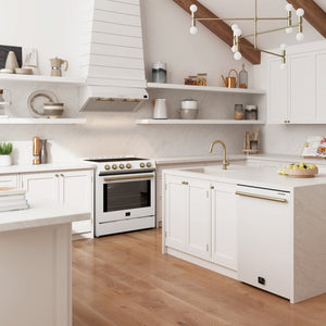 FORNO Paolo Package - 30" Electric Range, Over-The-Range Microwave and Dishwasher in White with Antique Brass Accents, AP3-6011WHT-A9