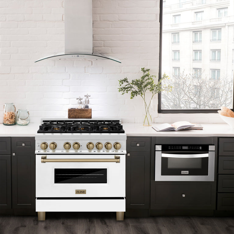 ZLINE Autograph Edition 36 in. Range with Gas Stove, Electric Oven with White Matte Door, Champagne Bronze Accents, RAZ-WM-36-CB