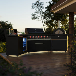 FORNO All’Aperto Outdoor Kitchen Set - 87,600 BTU Gas Grill with 4 Burners + Side Burner, Gas Pizza Oven, Sink Module/Beverage Center with Black Sintered Stone Countertop