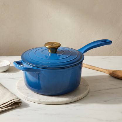 Induction Hardware Alpha Enamel Collection 8” Cast Iron Saucepan- Tahoe Blue