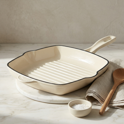 Induction Hardware Alpha Enamel Collection 10” Cast Iron Grill Pan - Stratus White