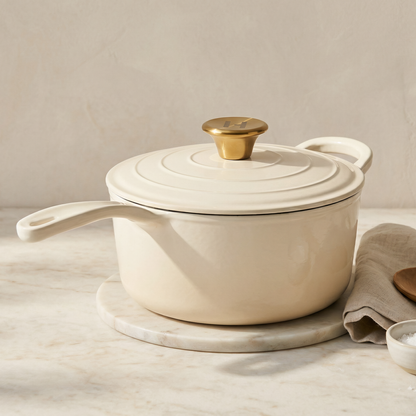Induction Hardware Alpha Enamel Collection 8” Cast Iron Saucepan- Stratus White