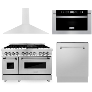ZLINE Appliance Package - 48 In. Dual Fuel Range, Range Hood, Microwave Drawer, 3 Rack Dishwasher, AP-RA48-5