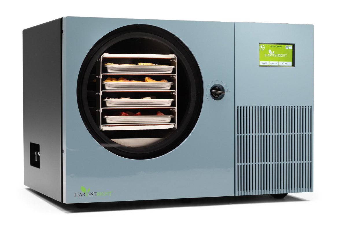 Harvest Right Countertop 360 freeze dryer in pale blue, right angle