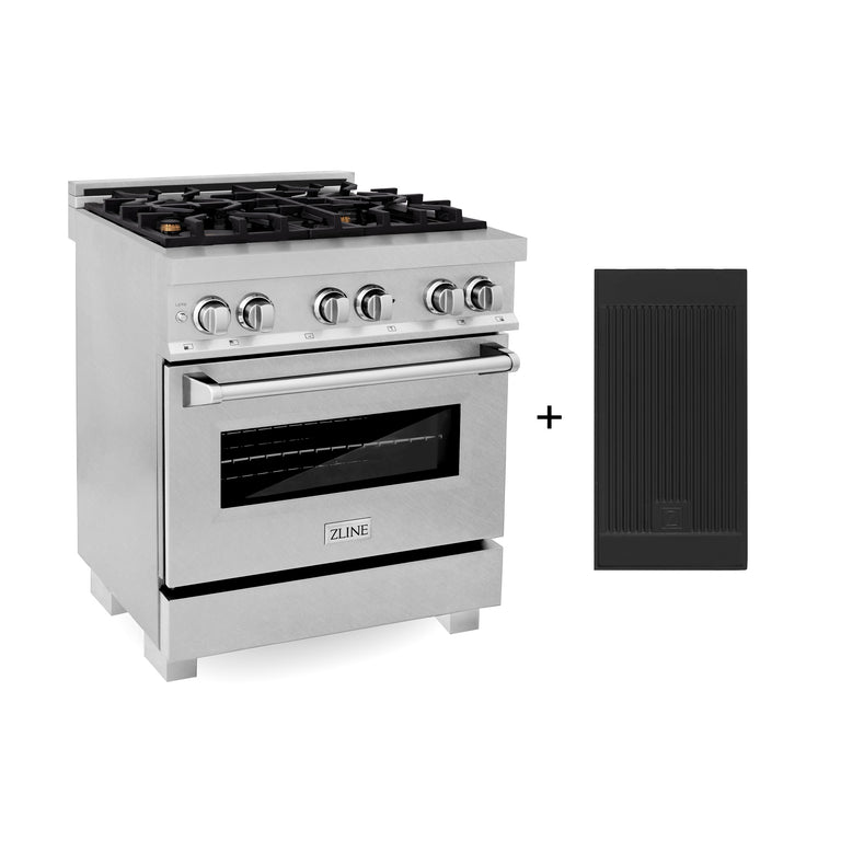 ZLINE 30" 4.0 cu. ft. Gas Burner, Electric Oven with Griddle and Brass Burners in DuraSnow® Stainless Steel, RAS-SN-BR-GR-30