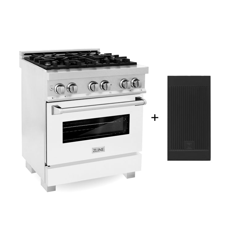 ZLINE 30" 4.0 cu. ft. Gas Burner, Electric Oven with Griddle and White Matte Door in DuraSnow® Stainless Steel, RAS-WM-GR-30