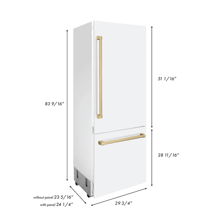 ZLINE 30 In. 16.1 cu. ft. Built-In Refrigerator with Internal Water and Ice Dispenser in White Matte with Champagne Bronze Accents, RBIVZ-WM-30-CB