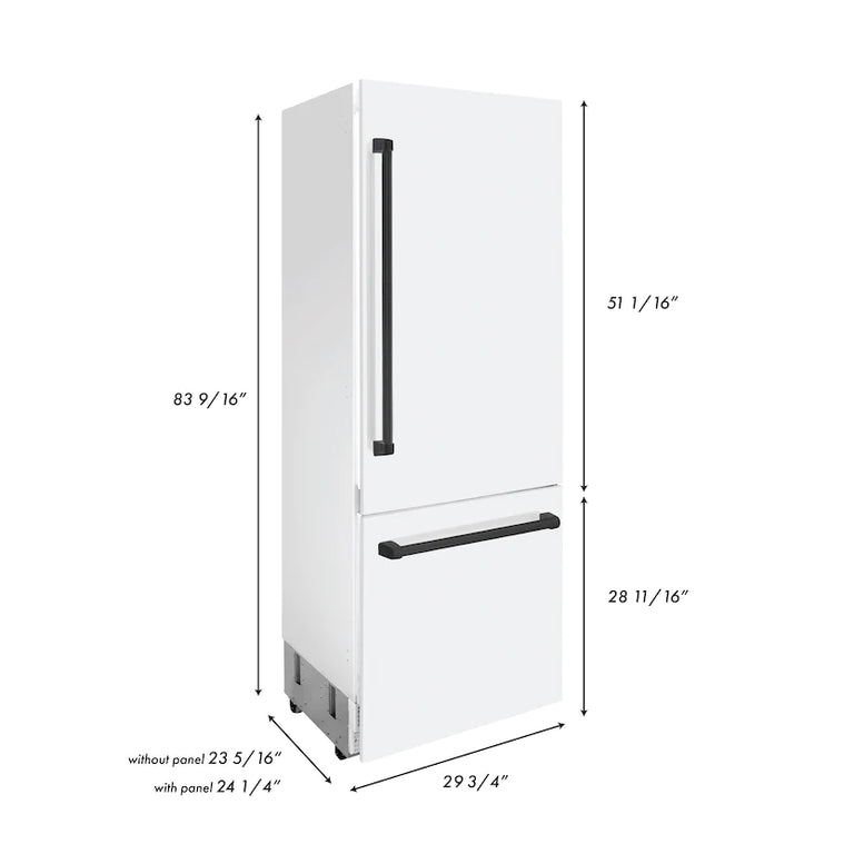 ZLINE 30 In. 16.1 cu. ft. Built-In Refrigerator with Internal Water and Ice Dispenser in White Matte with Matte Black Accents, RBIVZ-WM-30-MB