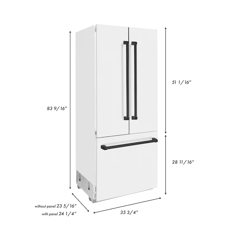ZLINE 36-Inch 19.6 cu. ft. Built-In 3-Door French Door Refrigerator with  Internal Water and Ice Dispenser in White Matte (RBIV-WM-36)
