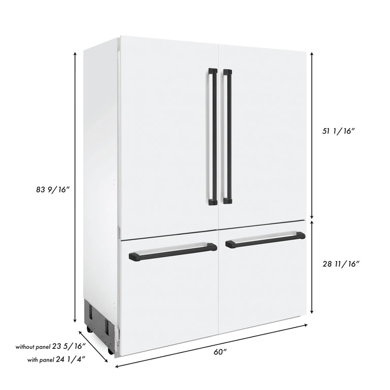 ZLINE 60 In. 32.2 cu. ft. Built-In Refrigerator with Internal Water and Ice Dispenser in White Matte with Matte Black Accents, RBIVZ-WM-60-MB