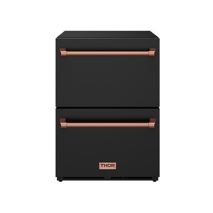 Gordon Ramsay by THOR Kitchen 24" Undercounter Refrigerator Drawer in Black Matte with Rose Gold Accents, RF24UB-RSG