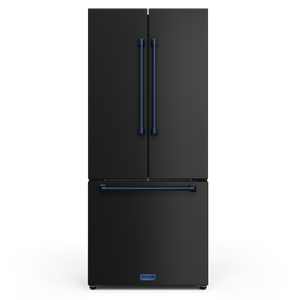 Gordon Ramsay by THOR Kitchen 30" 17.5 cu. ft. French Door Counter Depth Refrigerator with Ice Maker in Matte Black with Navy Blue Accents, RF3017FFD00-BLU