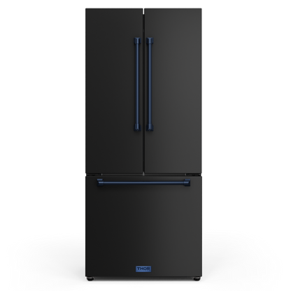Gordon Ramsay by THOR Kitchen 30" 17.5 cu. ft. French Door Counter Depth Refrigerator with Ice Maker in Matte Black with Navy Blue Accents, RF3017FFD00-BLU