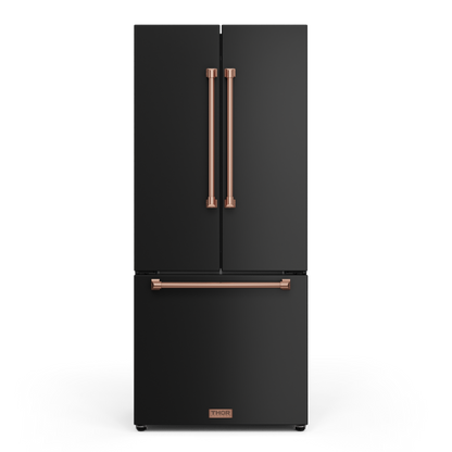 Gordon Ramsay by THOR Kitchen 30" 17.5 cu. ft. French Door Counter Depth Refrigerator with Ice Maker in Matte Black with Rose Gold Accents, RF3017FFD00-RSG