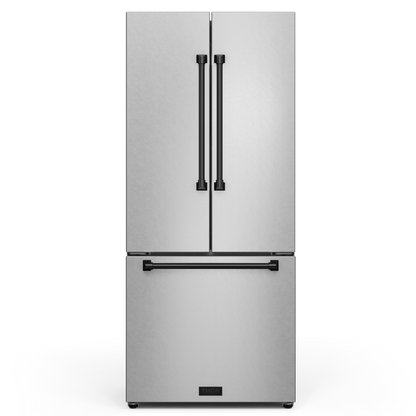 Gordon Ramsay by THOR Kitchen 30" 17.5 cu. ft. French Door Counter Depth Refrigerator with Ice Maker in Stainless Steel with Black Accents, RF3017FFD99-BLK
