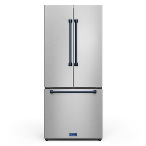 Gordon Ramsay by THOR Kitchen 30" 17.5 cu. ft. French Door Counter Depth Refrigerator with Ice Maker in Stainless Steel with Navy Blue Accents, RF3017FFD99-BLU