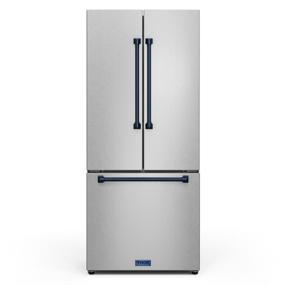 Gordon Ramsay by THOR Kitchen 30" 17.5 cu. ft. French Door Counter Depth Refrigerator with Ice Maker in Stainless Steel with Navy Blue Accents, RF3017FFD99-BLU