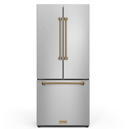Gordon Ramsay by THOR Kitchen 30" 17.5 cu. ft. French Door Counter Depth Refrigerator with Ice Maker in Stainless Steel with Bronze Accents, RF3017FFD99-BRZ