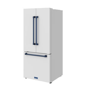 Gordon Ramsay by THOR Kitchen 30" 17.5 cu. ft. French Door Counter Depth Refrigerator with Ice Maker in White with Blue Accents, RF3017FFDW-BLU