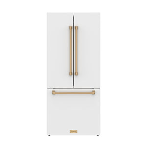 Gordon Ramsay by THOR Kitchen 30" 17.5 cu. ft. French Door Counter Depth Refrigerator with Ice Maker in White with Bronze Accents, RF3017FFDW-BRZ
