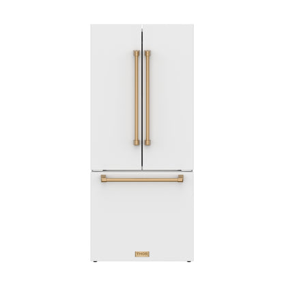 Gordon Ramsay by THOR Kitchen 30" 17.5 cu. ft. French Door Counter Depth Refrigerator with Ice Maker in White with Bronze Accents, RF3017FFDW-BRZ
