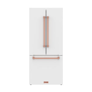 Gordon Ramsay by THOR Kitchen 30" 17.5 cu. ft. French Door Counter Depth Refrigerator with Ice Maker in White with Rose Gold Accents, RF3017FFDW-RSG