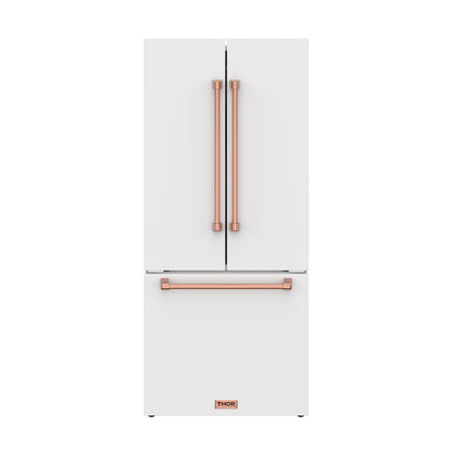 Gordon Ramsay by THOR Kitchen 30" 17.5 cu. ft. French Door Counter Depth Refrigerator with Ice Maker in White with Rose Gold Accents, RF3017FFDW-RSG