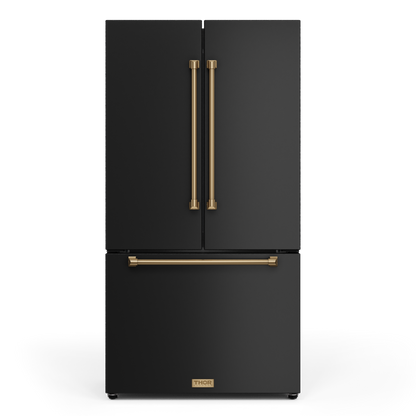 Gordon Ramsay by THOR Kitchen 36" 20.3 cu. ft. French Door Counter Depth Refrigerator with Ice Maker in Matte Black with Bronze Accents, RF3621CTD00-BRZ