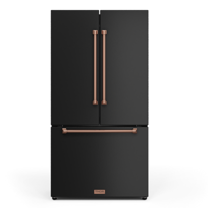 Gordon Ramsay by THOR Kitchen 36" 20.3 cu. ft. French Door Counter Depth Refrigerator with Ice Maker in Matte Black with Rose Gold Accents, RF3621CTD00-RSG