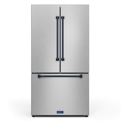 Gordon Ramsay by THOR Kitchen 36" 20.3 cu. ft. French Door Counter Depth Refrigerator with Ice Maker in Stainless Steel with Navy Blue Accents, RF3621CTD99-BLU