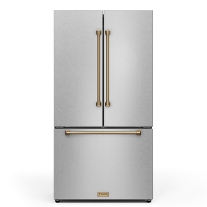 Gordon Ramsay by THOR Kitchen 36" 20.3 cu. ft. French Door Counter Depth Refrigerator with Ice Maker in Stainless Steel with Bronze Accents, RF3621CTD99-BRZ