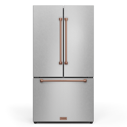 Gordon Ramsay by THOR Kitchen 36" 20.3 cu. ft. French Door Counter Depth Refrigerator with Ice Maker in Stainless Steel with Rose Gold Accents, RF3621CTD99-RSG