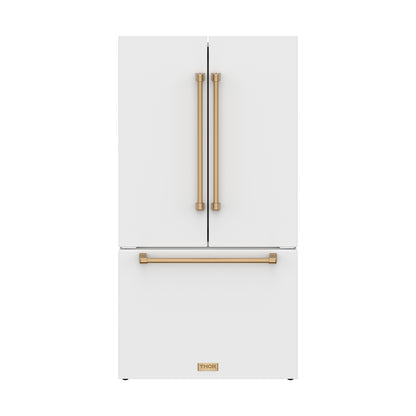 Gordon Ramsay by THOR Kitchen 36" 20.3 cu. ft. Counter Depth Refrigerator with Ice Maker in White with Bronze Accents, RF3621CTDW-BRZ