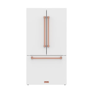 Gordon Ramsay by THOR Kitchen 36" 20.3 cu. ft. Counter Depth Refrigerator with Ice Maker in White with Rose Gold Accents, RF3621CTDW-RSG