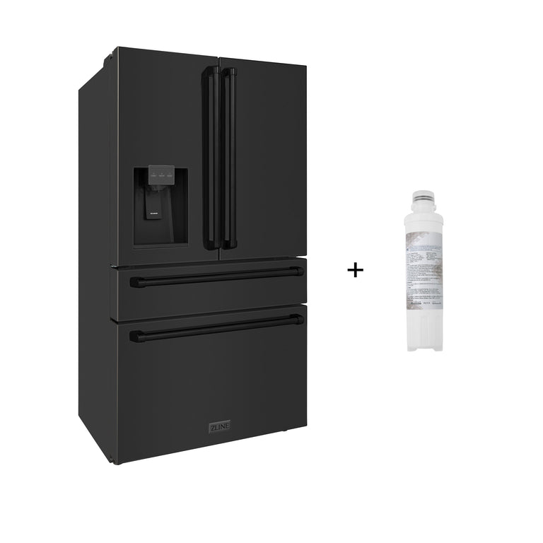 ZLINE 36" 21.6 cu. Ft. French Door Refrigerator with Water and Ice Dispenser and Water Filter in Black Stainless Steel, RFM-W-WF-36-BS