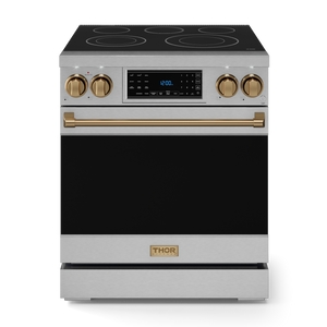 Gordon Ramsay by THOR Kitchen 30" 4.55 cu. ft. Professional Electric Range with Tilt Panel Touch Control, Self-Clean and Air Fry in Stainless Steel with Bronze Accents, RSE30-BRZ
