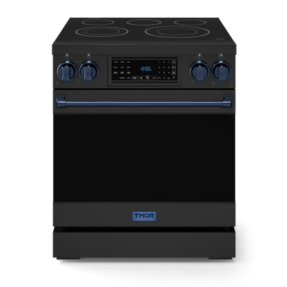 Gordon Ramsay by THOR Kitchen 30" 4.55 cu. ft. Professional Electric Range with Tilt Panel Touch Control, Self-Clean and Air Fry in Matte Black with Navy Blue Accents, RSE30B-BLU