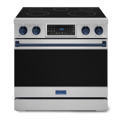 Gordon Ramsay by THOR Kitchen 36" 6.0 cu. ft. Professional Electric Range with Tilt Panel Touch Control, Self-Clean and Air Fry in Stainless Steel with Navy Blue Accents, RSE36-BLU